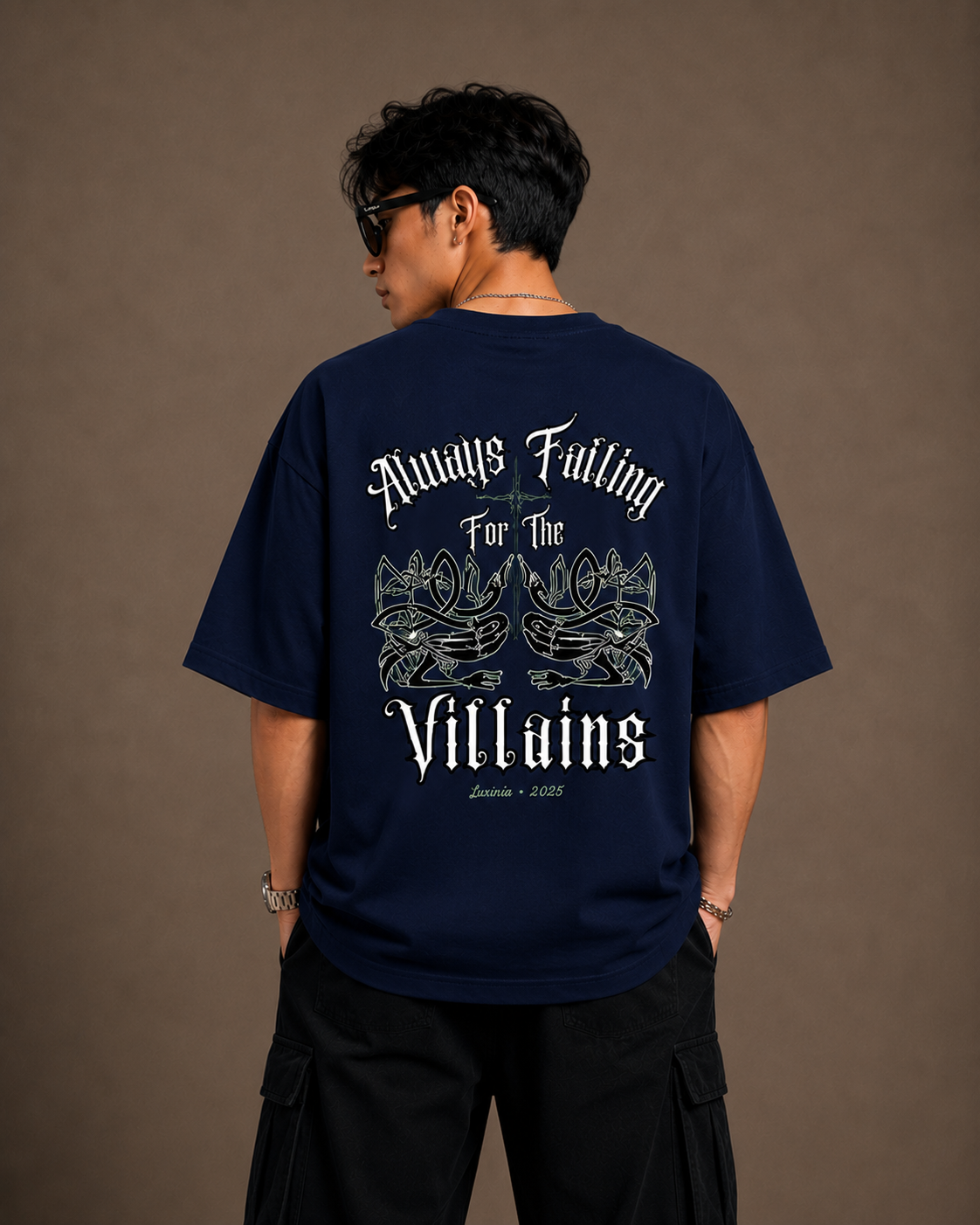 Always Falling for the Villains navy blue t-shirt back