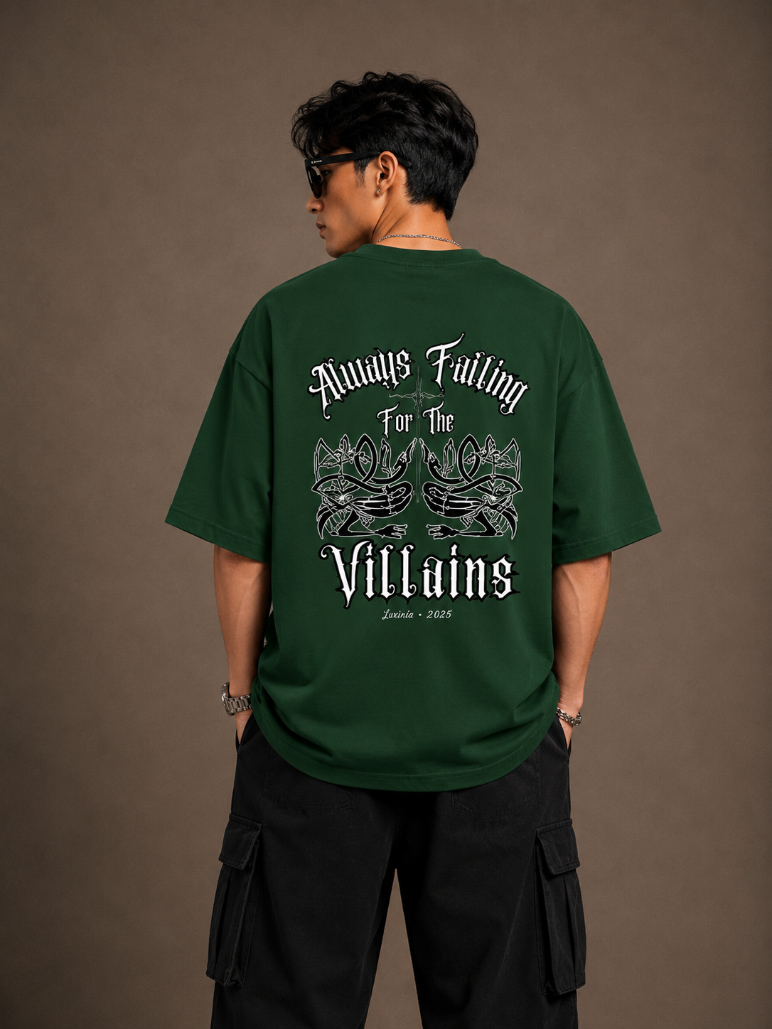 Always Falling for the Villains green t-shirt back