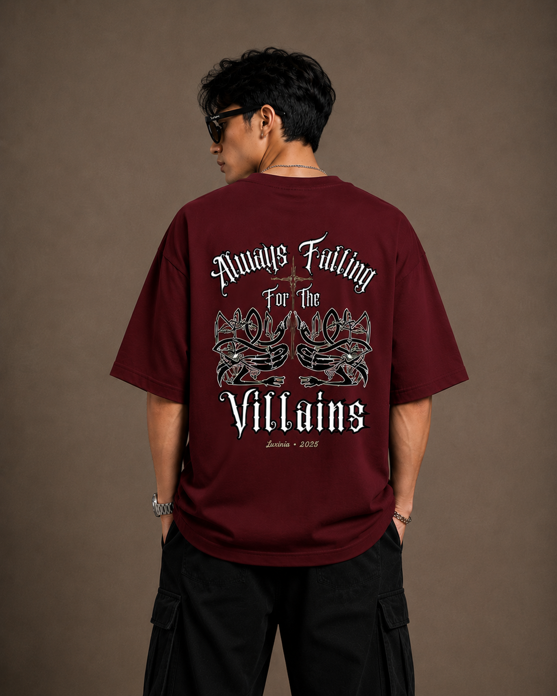 Always Falling for the Villains maroon t-shirt back
