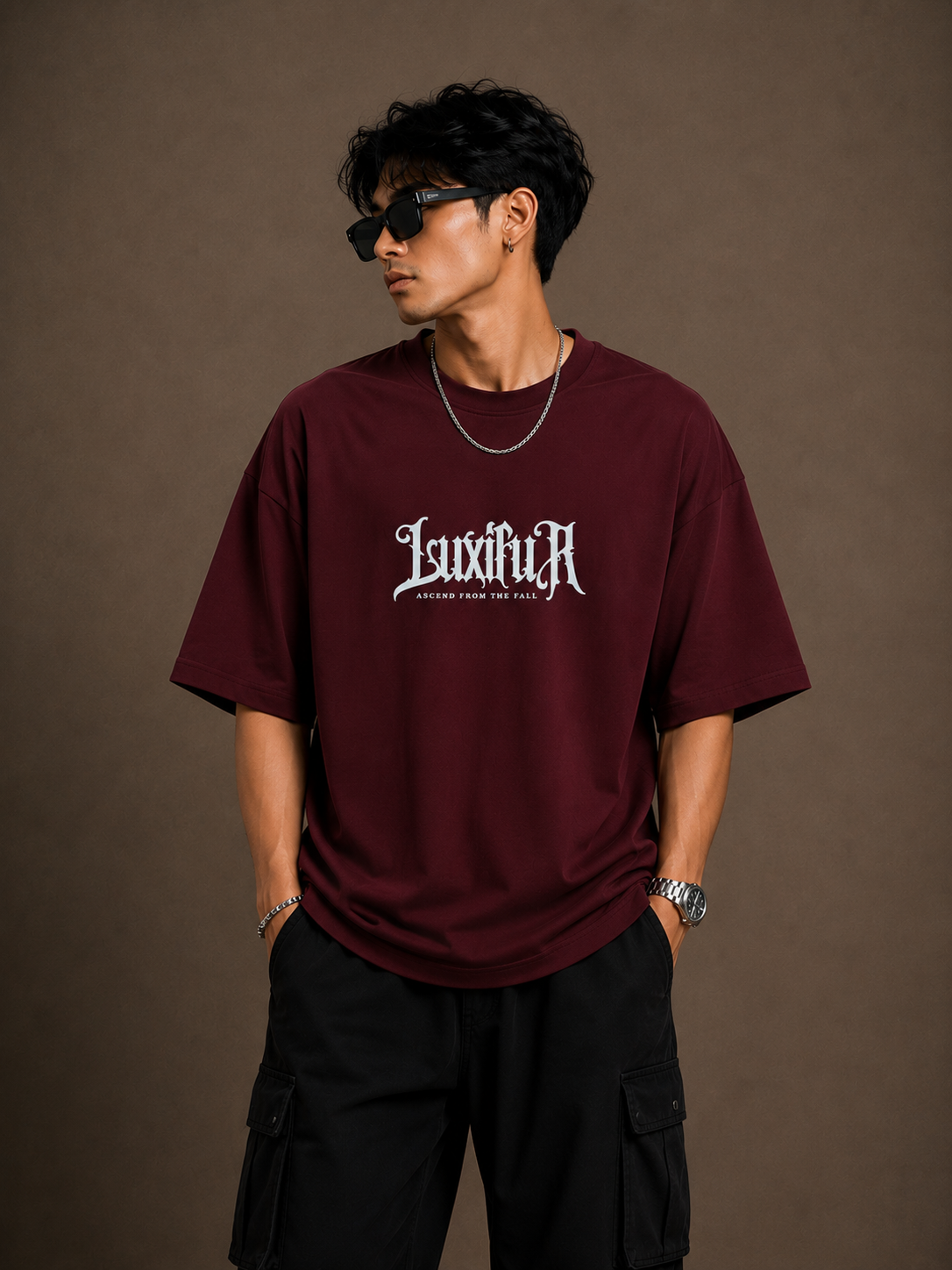 Always Falling for the Villains maroon t-shirt front